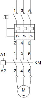 автомат защиты двигателя DEKraft серии ВА430 - подключение через контактор