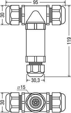 коннектор кабельный T-образный Navigator NTB-T01-3P-IP68 - размеры