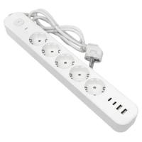 Удлинитель 5-мест 3м ПВС 3*1,5 белый выкл EKF  2USB 2,4А+2USBtype-С