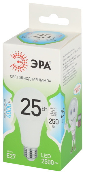 Лампа свд 220В Е27 25Вт 4000К 2500лм стандарт A60 матовая ЭРА Green Line