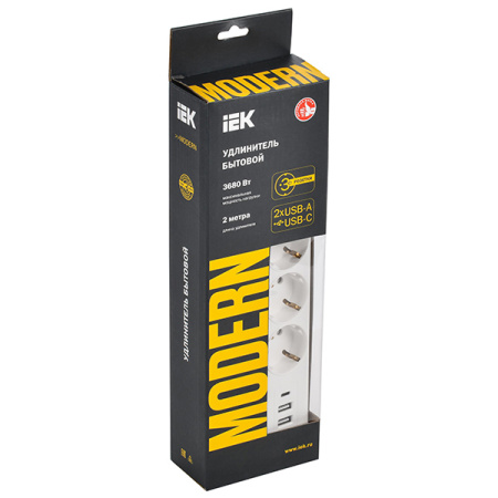 Удлинитель 3-мест 2м ПВС 3*1 белый 3*USB IEK  MODERN