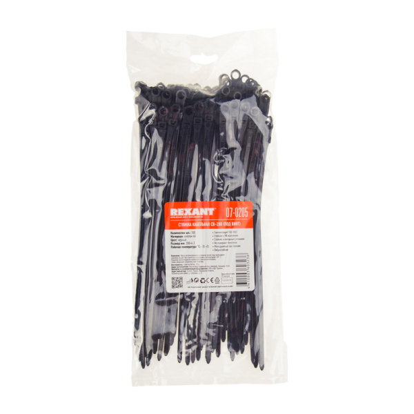 Хомут 200*4,3мм нейлон черный под винт Rexant 