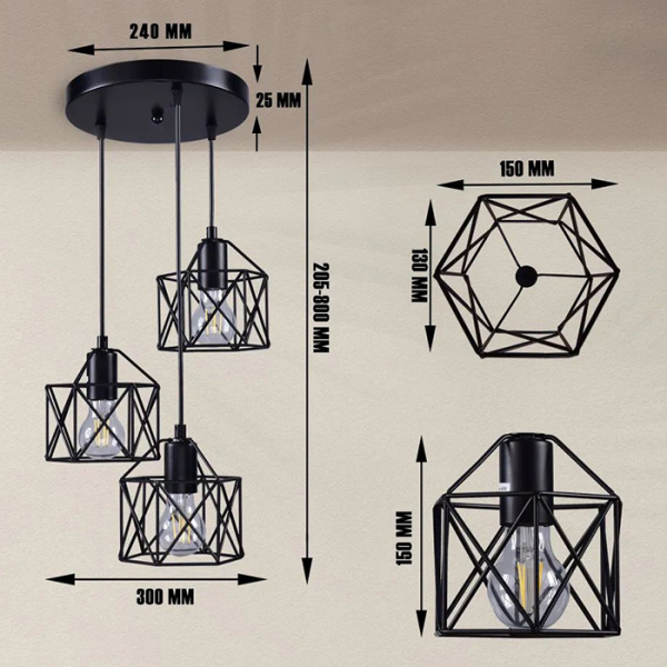 Светильник подвесной (люстра) 3*60Вт E27 черный лофт