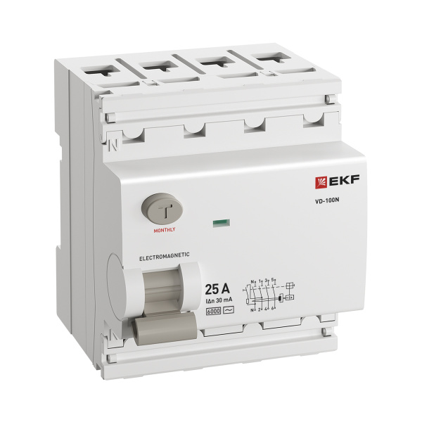 Выключатель дифференциальный (УЗО) 4Р 25А 30мА AC 6кА ВД-100N EKF PROxima