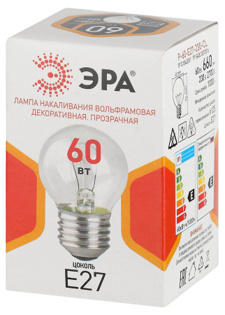 Лампа шар накал Е27 60Вт 660лм G45 прозрачный ЭРА