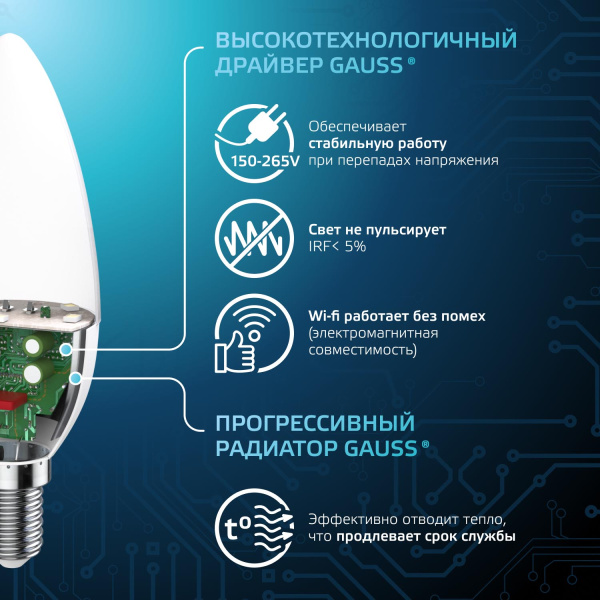 Лампа свеча светодиодная 220В Е14 9,5Вт 4100К 950лм В35 матовая Gauss 