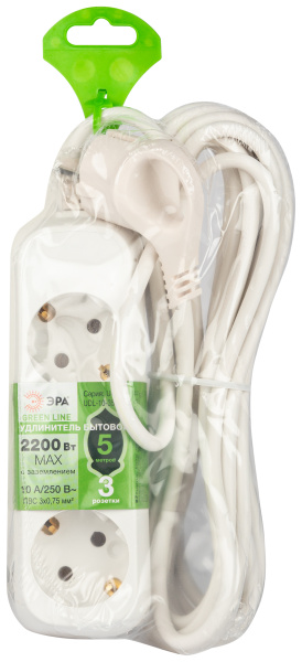 Удлинитель 3-мест 5м ПВС 3*0,75 белый ЭРА  Greenline